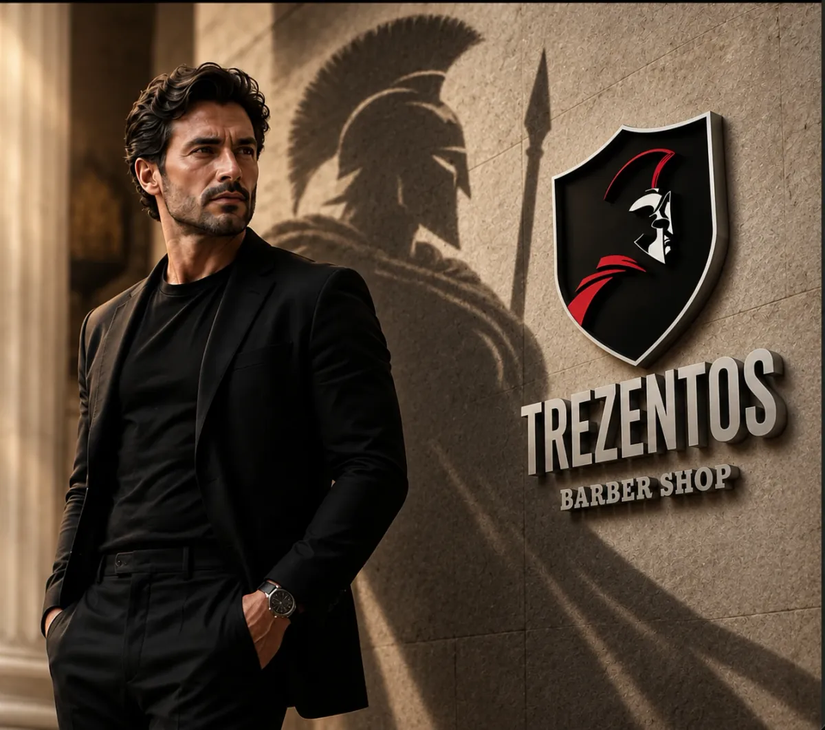 Homem de blazer preto ao lado do letreiro da Trezentos Barber Shop, com a sombra de um espartano na parede